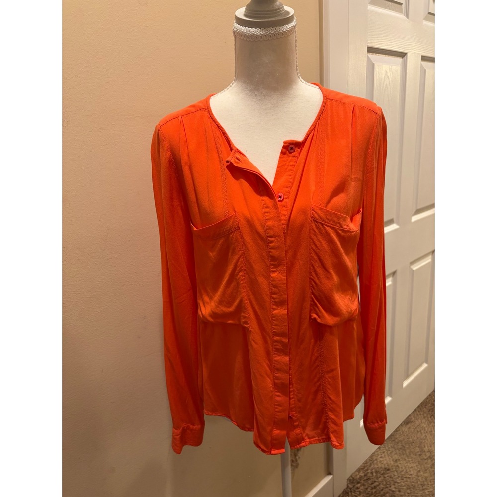 Maeve Anthropologie Orange Button Down Long Sleeve Pocket Blouse Size 6